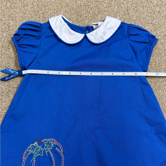 The Proper Peony: White Collar Blue Dress with Pumpkin Embroidery, Size 2T - Picture 4 of 6